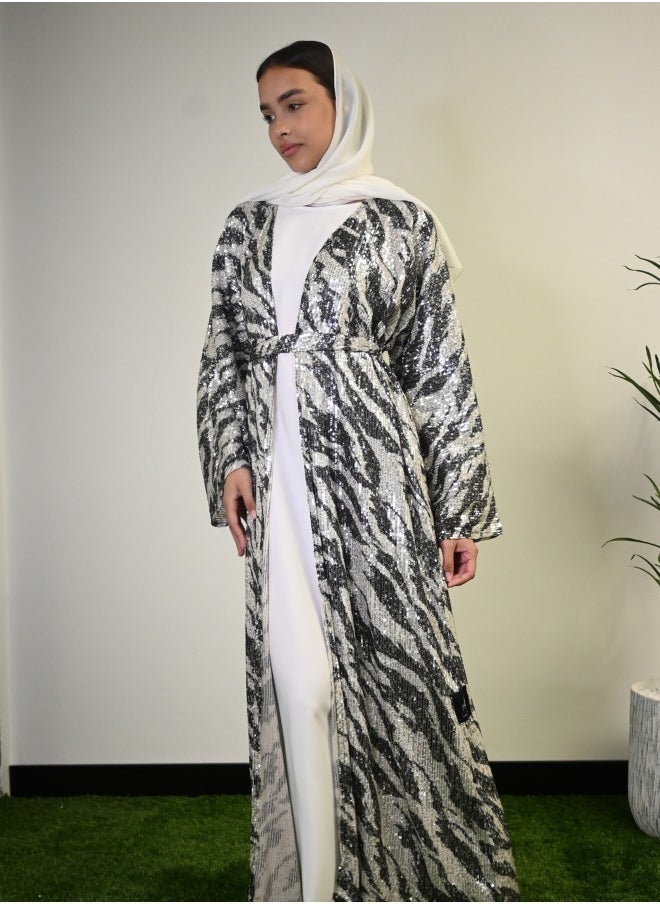 JAMEELA Silver Glow Black and White Abaya with Sequin Embellishments  - Image 1