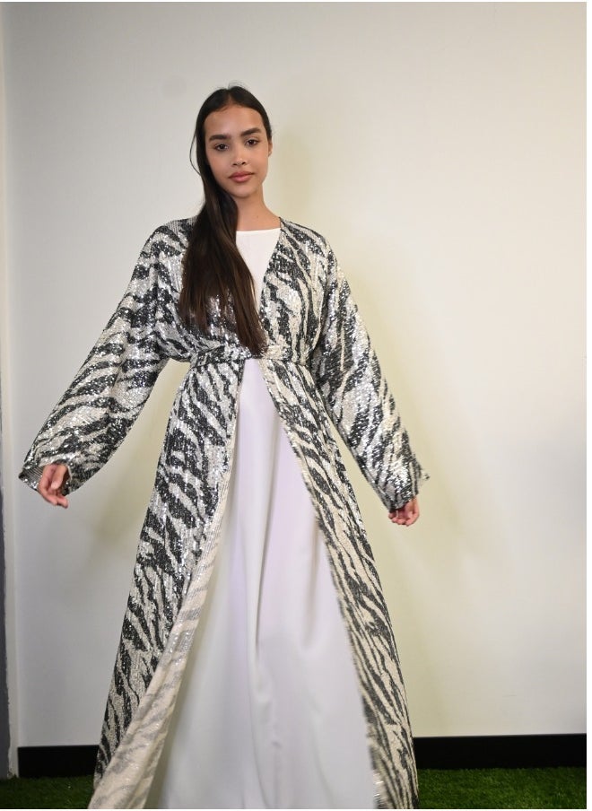JAMEELA Silver Glow Black and White Abaya with Sequin Embellishments  - Image 2