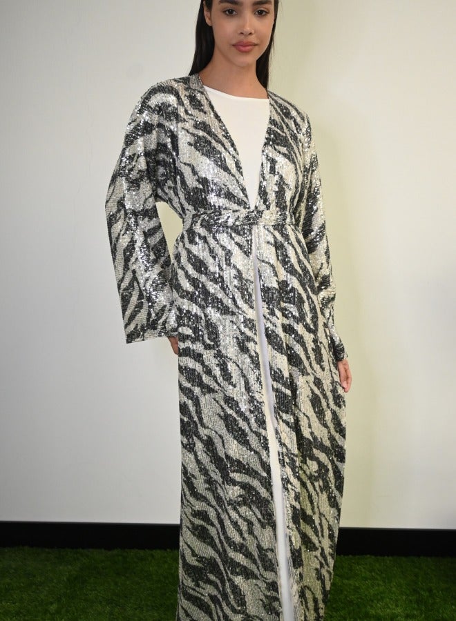 JAMEELA Silver Glow Black and White Abaya with Sequin Embellishments  - Image 3