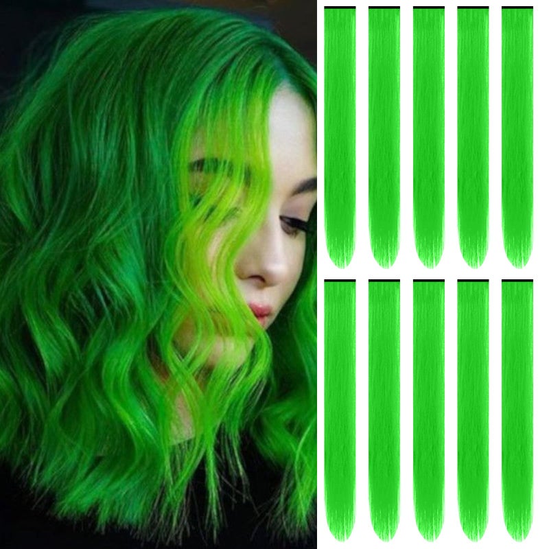 TOFAFA 22 inch Colored Hair Extensions Long Straight Hairpiece, Multi-colors Party Highlights Colorful Clip in Synthetic Hair Extensions for Women Kids Girls Christmas Cosplay Gift(10 PCS Green) - Image 1