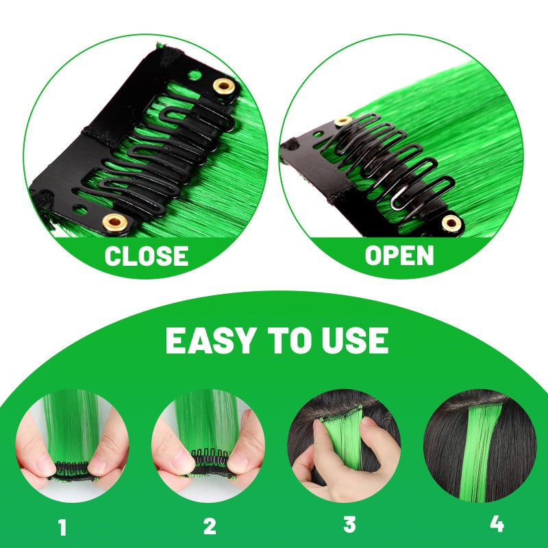 TOFAFA 22 inch Colored Hair Extensions Long Straight Hairpiece, Multi-colors Party Highlights Colorful Clip in Synthetic Hair Extensions for Women Kids Girls Christmas Cosplay Gift(10 PCS Green) - Image 3