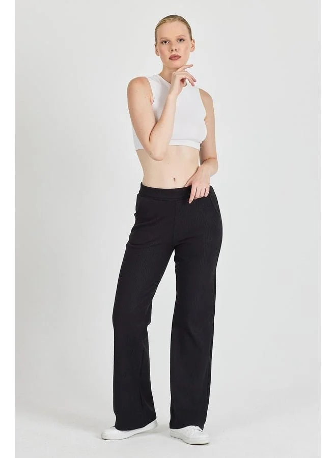 Mmetalic Women's Black High-Waisted Wide-Leg Khaki-Canvas Pleated Pocket Jogger Pants.