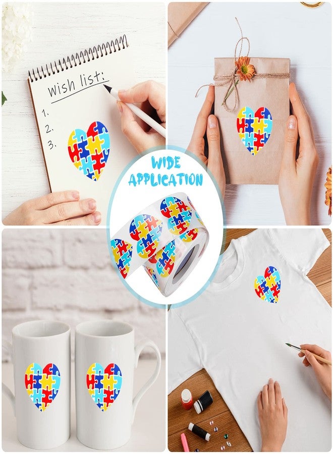 Teling 500 Pieces Autism Stickers Self Adhesive Asperger's Awareness Sticker Labels Roll Colorful Puzzle Envelope Tab Sealer Autism Awareness Gifts for Women Men Kids Teen (Heart Shaped) - Image 2
