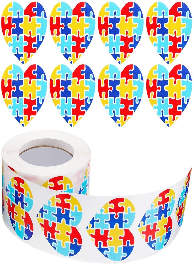 Teling 500 Pieces Autism Stickers Self Adhesive Asperger's Awareness Sticker Labels Roll Colorful Puzzle Envelope Tab Sealer Autism Awareness Gifts for Women Men Kids Teen (Heart Shaped) - Image 1