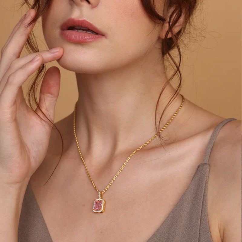 PALMONAS 18k Gold Tone Plated Pink Emerald Geometric Pendant
 for Women - Image 3