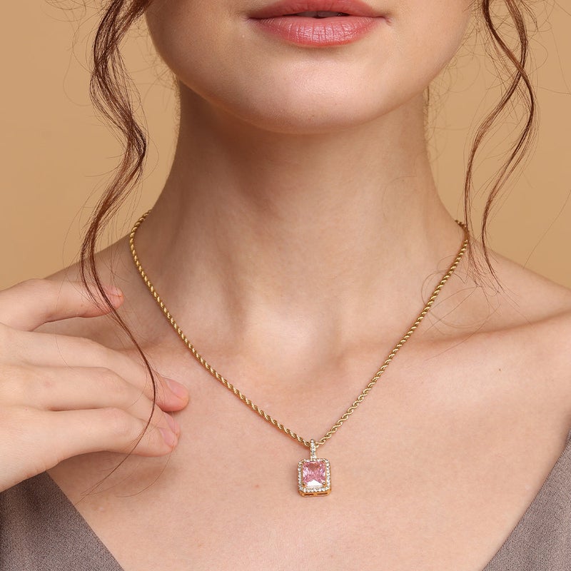 PALMONAS 18k Gold Tone Plated Pink Emerald Geometric Pendant
 for Women - Image 4