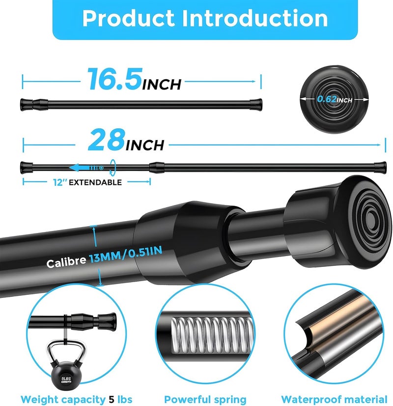 AIZESI 2PCS Tension Rods 17 to 28 inch, Black Tension Rods Adjustable Spring Tension Window Rods Short Tension Rod Expandable Pressure Rod for Shoe Rack Hanger Curtain Rod Closet Rods - Image 4