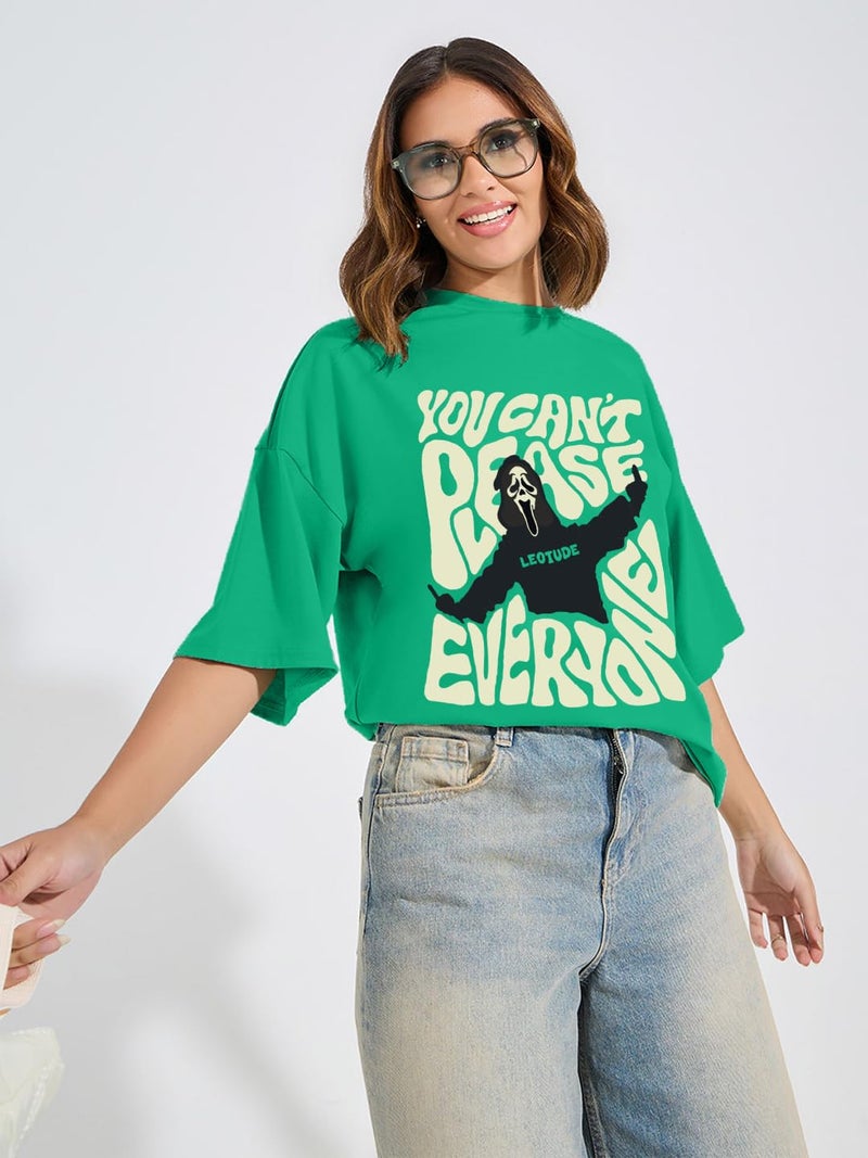 LEOTUDE Womens Oversized Round Neck Cottonblend Half Sleeve T-Shirts (GRL_FS49_RAMA_Please_P_Rama Green_2XL) - Image 4