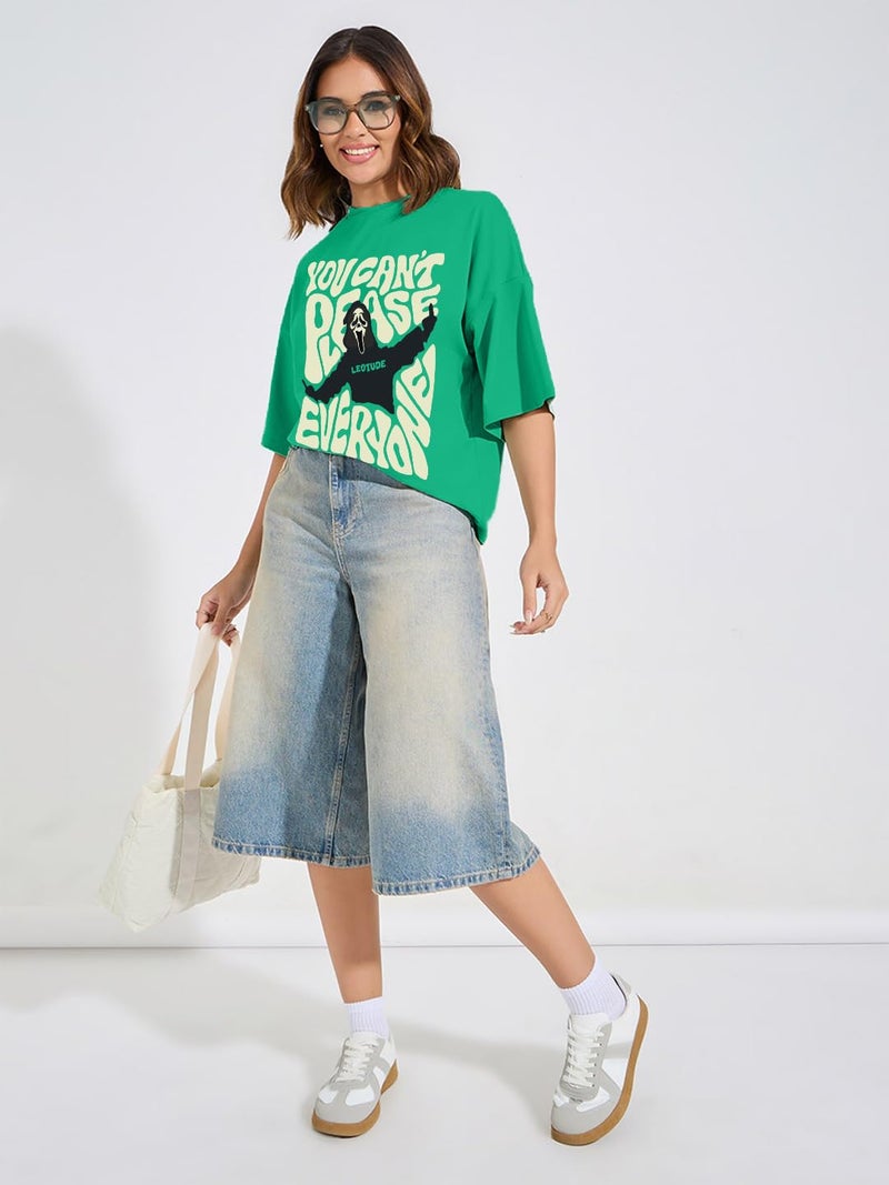 LEOTUDE Womens Oversized Round Neck Cottonblend Half Sleeve T-Shirts (GRL_FS49_RAMA_Please_P_Rama Green_2XL) - Image 3
