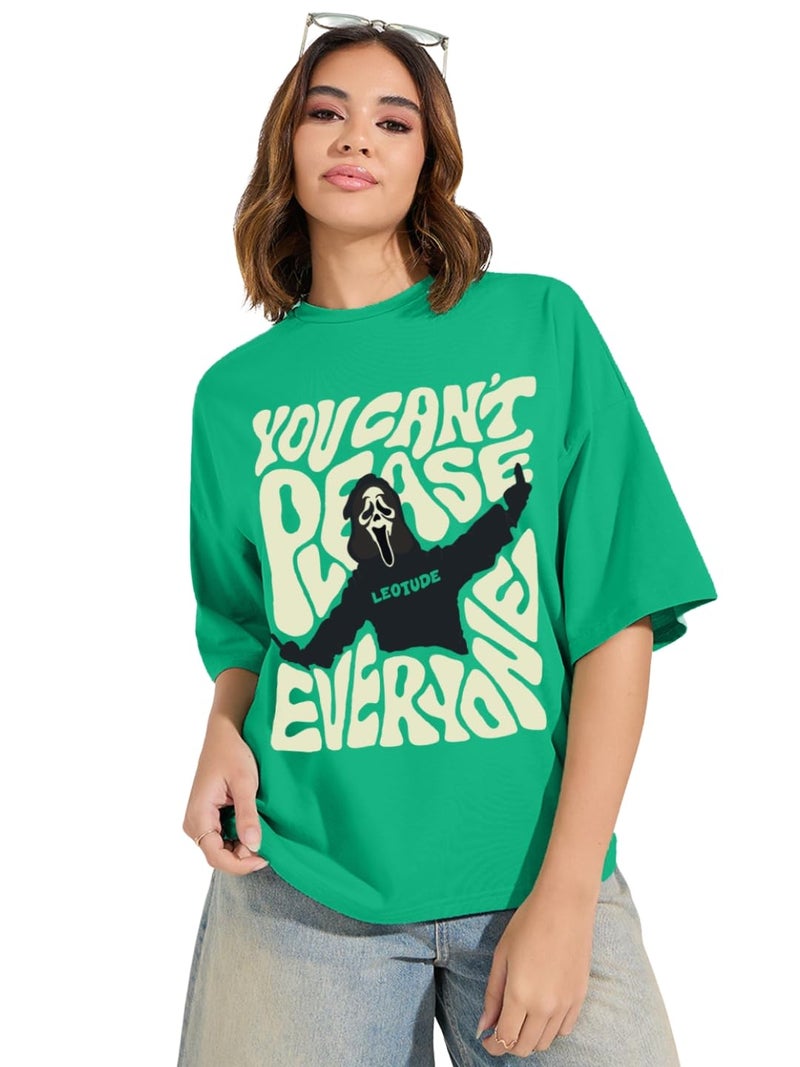 LEOTUDE Womens Oversized Round Neck Cottonblend Half Sleeve T-Shirts (GRL_FS49_RAMA_Please_P_Rama Green_2XL) - Image 1