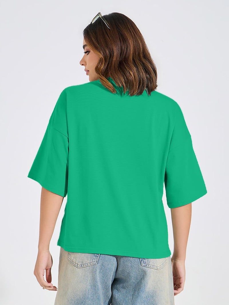 LEOTUDE Womens Oversized Round Neck Cottonblend Half Sleeve T-Shirts (GRL_FS49_RAMA_Please_P_Rama Green_2XL) - Image 2
