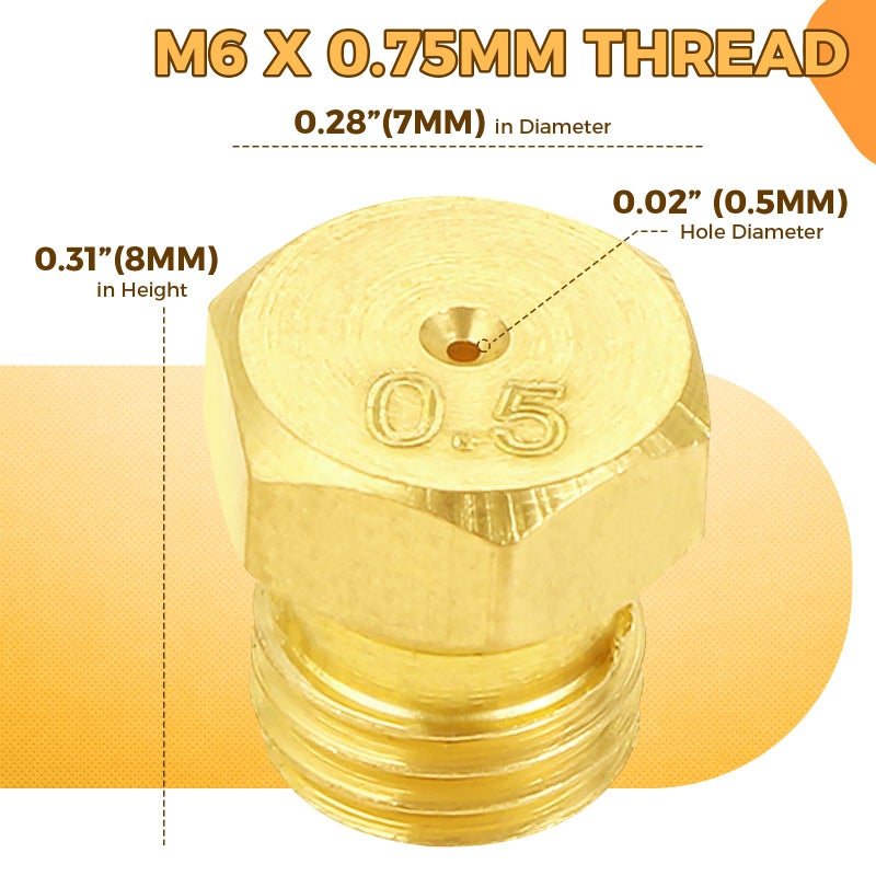 ETERMETA 20 Pcs Propane Gas Orifice Nozzle Conversion Kit, Brass Jet Nozzles, Propane Orifice Kit for Propane Lpg Gas Pipe Water Heater DIY Burner Parts, M5 x 0.5mm/0.68mm, M6 x 0.75mm/0.5mm - Image 3