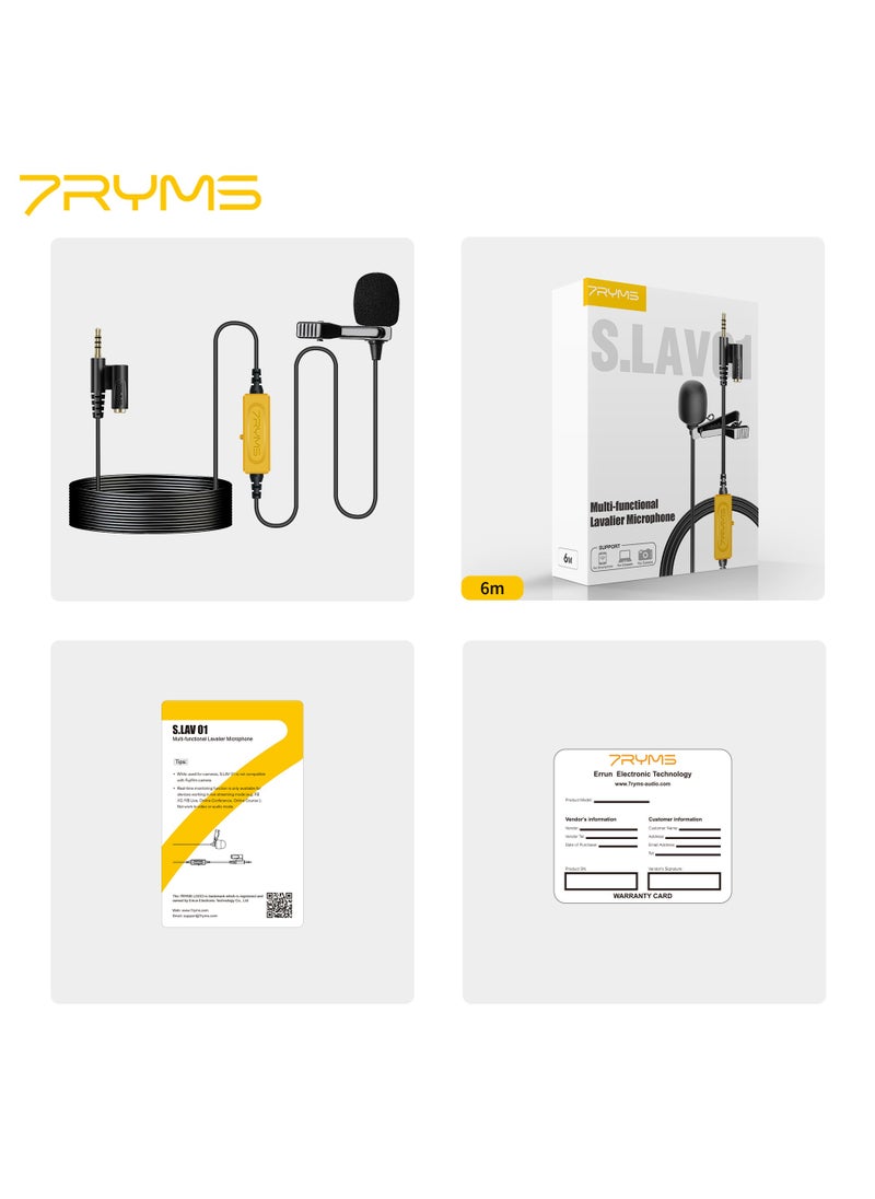 7RYMS S.LAV 01 Multi-Functional Lavalier Microphone Omnidirectional Clip-on Mic 3.5mm TRRS Plug with Monitoring Headphone Jack for DSLR Camera Smartphone Vlogging Video Recording Interview