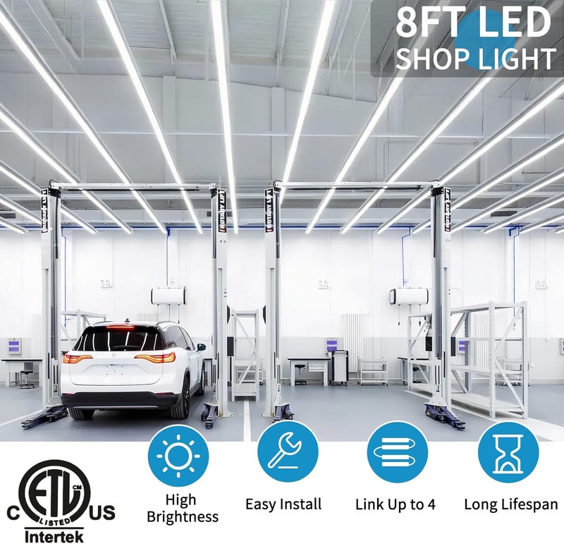 SHOPLED 8FT LED Shop Light - 72W 9360LM 6000K Cool White Ceiling Light Fixtures, T8 LED Tube Lights, 8 Foot Shop Lights for Garage Workshop Warehouse, ETL Listed, 4 Pack - Image 2