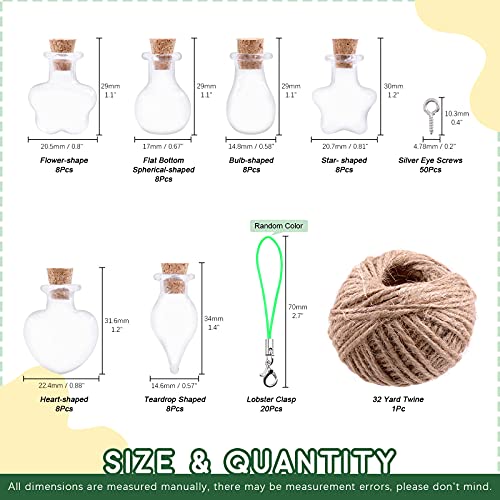 Keadic 119 Pcs 6 Shapes Mini Tiny Clear Glass Jars Bottles Set Includes Wish Bottles Glass Favors Jars with Cork Stoppers, Eye Screws, 32 Yards Twine for Arts Crafting, Projects, Decor, Party Favors - Image 2
