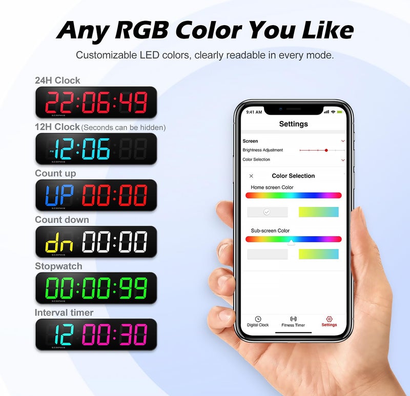 SERPHIX 15.2" Large Digital Wall Clock with Seconds, App & Remote Control, Customizable RGB Colors, Alarms, Stopwatch, Countdown, Timer Clock for Home Gym Living Room Office Garage Decor - Image 4