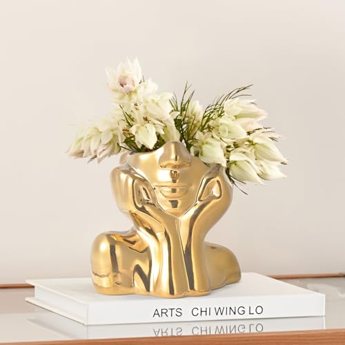 BrownLove Gold Ceramic Human Face Decorative Vase Shy Posture Modern Art Desktop Display for Bookshelf Living Room Office Bedroom - Image 1