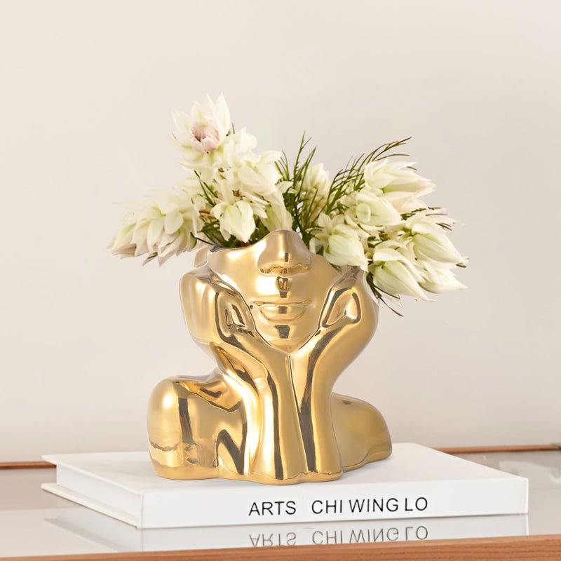 BrownLove Gold Ceramic Human Face Decorative Vase Shy Posture Modern Art Desktop Display for Bookshelf Living Room Office Bedroom - Image 2