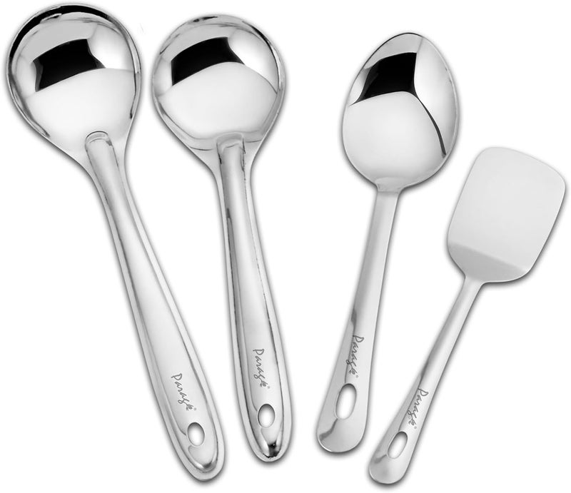 Parage Stainless Steel Kitchen Tools Set for Kitchen Cooking and Serving, Pack of 4, Serving Spoon, Turner/Spatula (Palta), Basting and Rice Spoon, Silver (Size: 26.5 cms, 25 cms x 2, 23 cms) - Image 1
