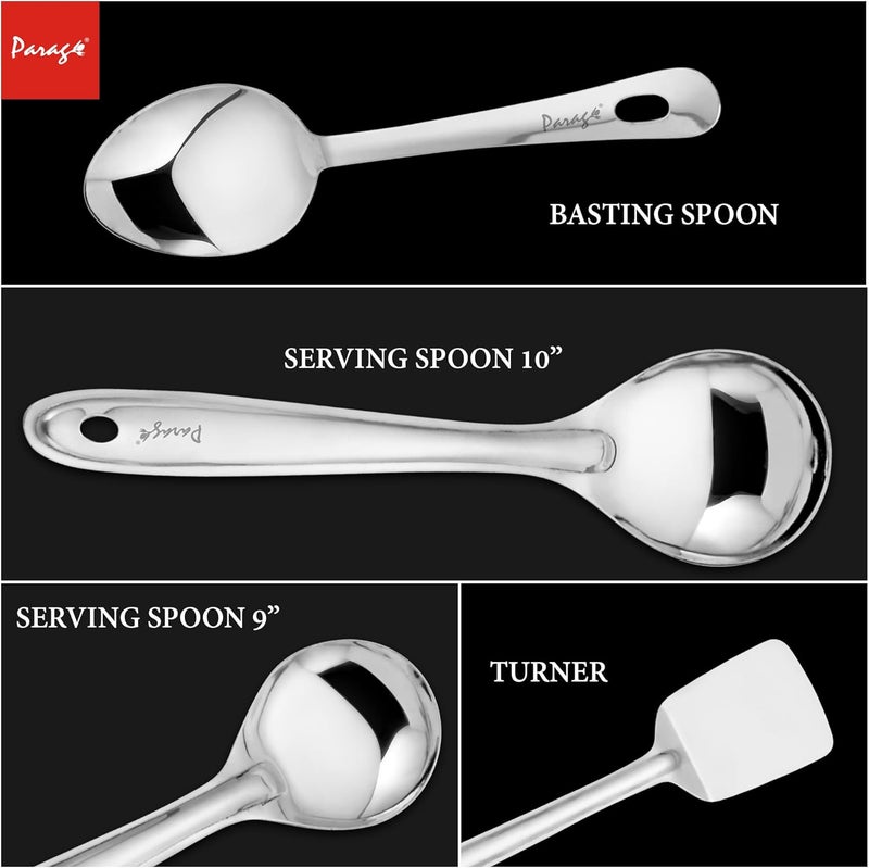 Parage Stainless Steel Kitchen Tools Set for Kitchen Cooking and Serving, Pack of 4, Serving Spoon, Turner/Spatula (Palta), Basting and Rice Spoon, Silver (Size: 26.5 cms, 25 cms x 2, 23 cms) - Image 5