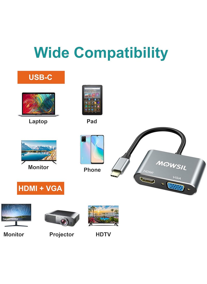 MOWSIL - USB C to HDMI VGA Adapter, USB Type C to Dual VGA HDMI Splitter Converter, Compatible with iPhone 15/15Pro, Galaxy S22 Ultra, Macbook Pro, iPad Pro, Dell XPS 13/15, Yoga 910, Surface Go - Image 1