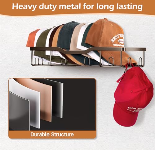 KEETDY Metal Hat Racks for Wall Baseball Cap Organizer Fit 48 Caps Holder 2 Packs Sturdy Wall Mounted Hat Storage Organizer Brown - Image 3