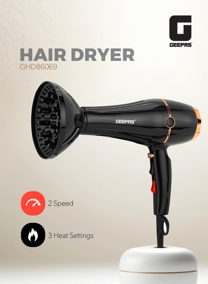 جيباس مجفف شعر 2200 واط - GHD86069 سرعة عالية ووظيفة إطلاق الهواء البارد، سرعتان، 3 إعدادات للحرارة تتضمن فوهة، موزع روائح، محرك تيار متردد عالي السرعة وطويل العمر - Image 1