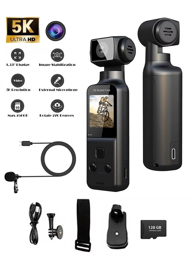 Generic Handheld 5K Video Camera Camcorder, UHD 5K 60fps WiFi Pocket Digital Body Camera, Included 128G TF Card, 6-Axis Gyroscope Vlogging Camera with 1.33-inch Screen, 270° Rotable Lens, Mic Included, for - Image 1
