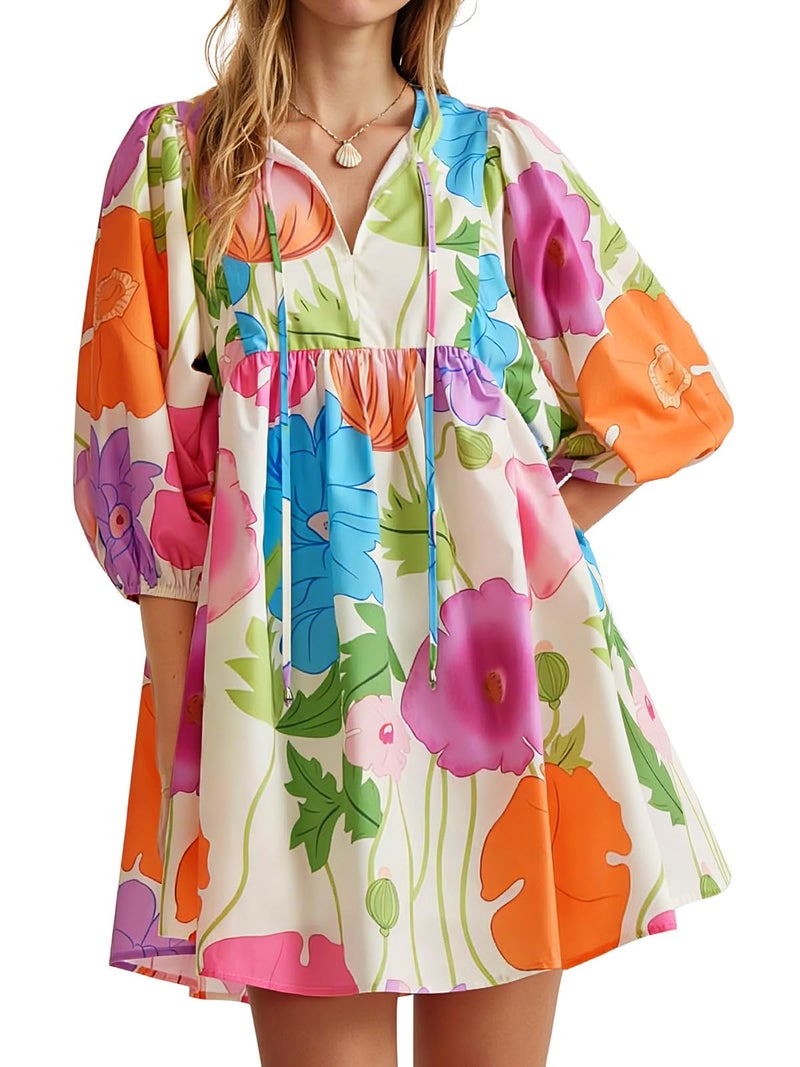Yousify Women Floral Mini Dress V Neck Puff Sleeve Plus Size Summer Trendy Vacation Beach Boho Flowy Dresses A-White - Image 1