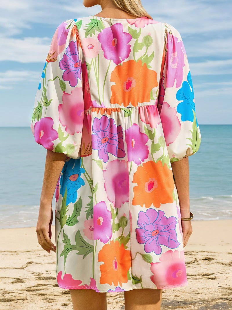 Yousify Women Floral Mini Dress V Neck Puff Sleeve Plus Size Summer Trendy Vacation Beach Boho Flowy Dresses A-White - Image 3
