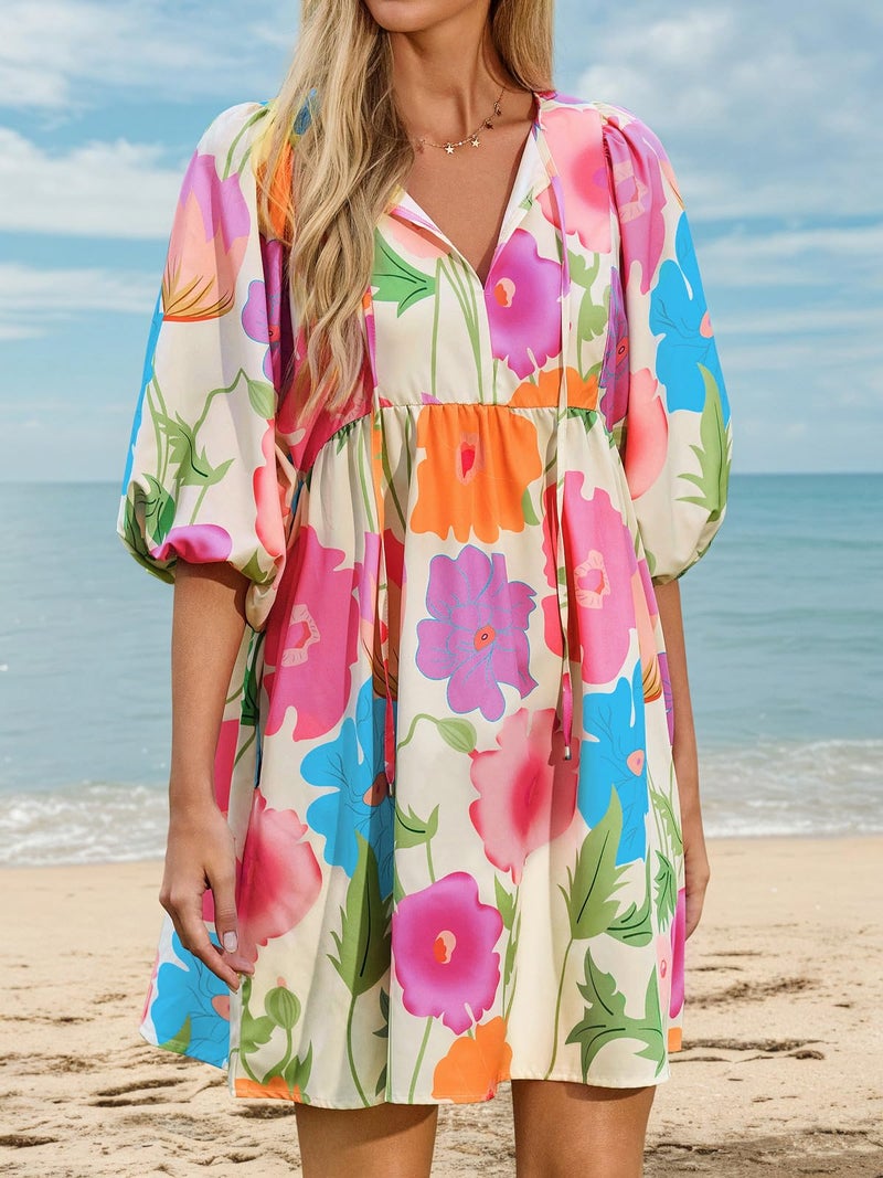 Yousify Women Floral Mini Dress V Neck Puff Sleeve Plus Size Summer Trendy Vacation Beach Boho Flowy Dresses A-White - Image 2