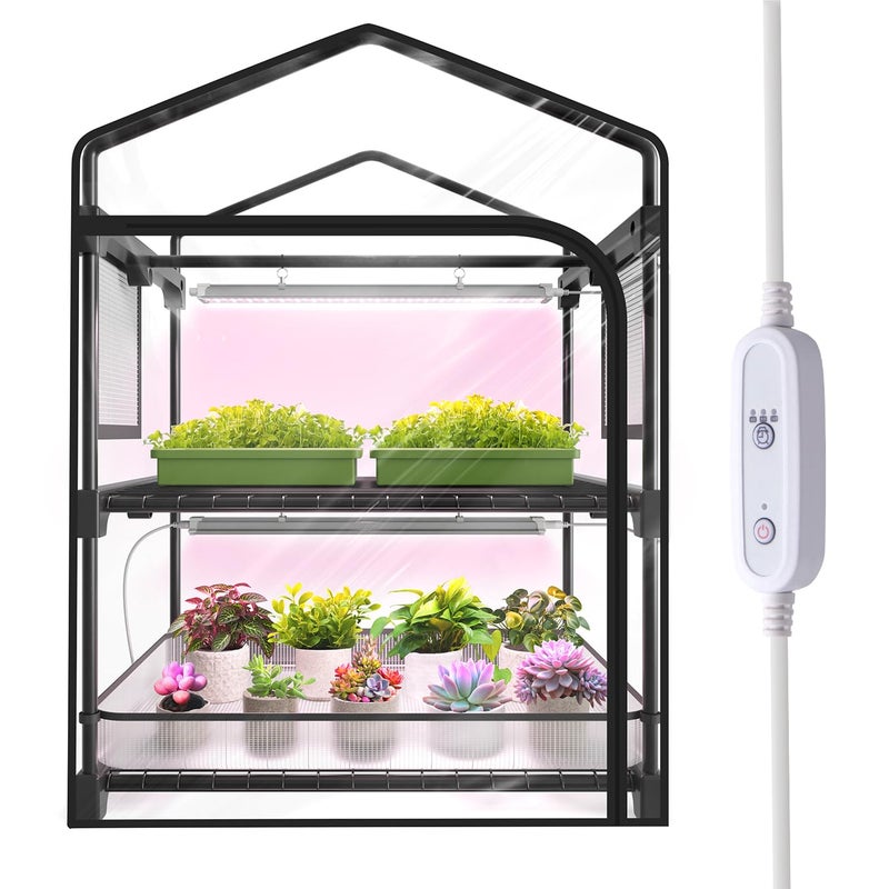 SpeePlant Mini Indoor Greenhouse with Grow Light, 2-Tier Plant Stand with PVC Tent, Ventilation Window, Bottom Pouch, 20W Full Spectrum Grow Light with Timer, for Seed Starting, 27" L x 19" W x 35" H - Image 1
