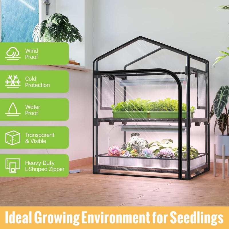 SpeePlant Mini Indoor Greenhouse with Grow Light, 2-Tier Plant Stand with PVC Tent, Ventilation Window, Bottom Pouch, 20W Full Spectrum Grow Light with Timer, for Seed Starting, 27" L x 19" W x 35" H - Image 2