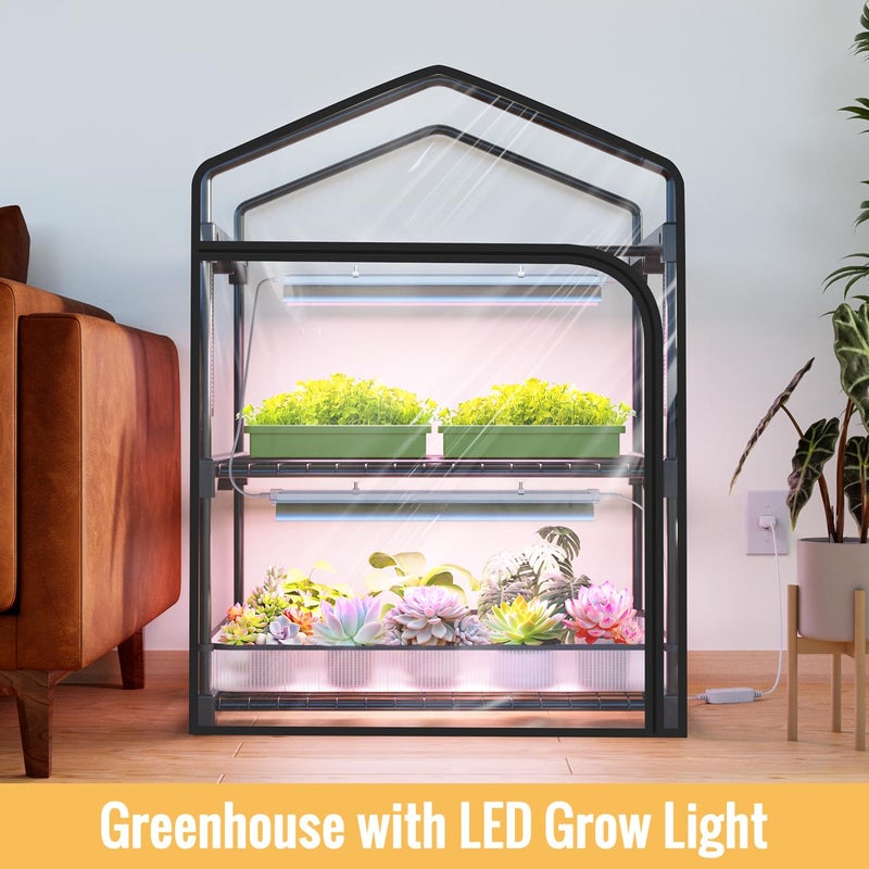 SpeePlant Mini Indoor Greenhouse with Grow Light, 2-Tier Plant Stand with PVC Tent, Ventilation Window, Bottom Pouch, 20W Full Spectrum Grow Light with Timer, for Seed Starting, 27" L x 19" W x 35" H - Image 3