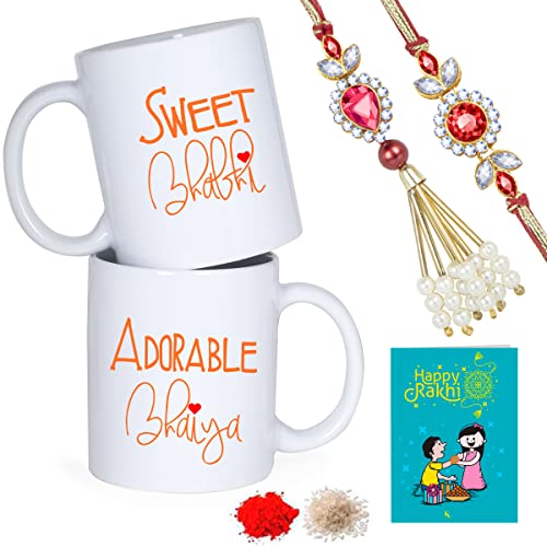 Next Bazaar Rakhi Gift for Brother and Bhabhi-Rakhi for Bhai and lumba for bhabhi on Rakshabandhan 2 Coffee Mug, Roli, Chawal & Greeting Card Combo - Image 1