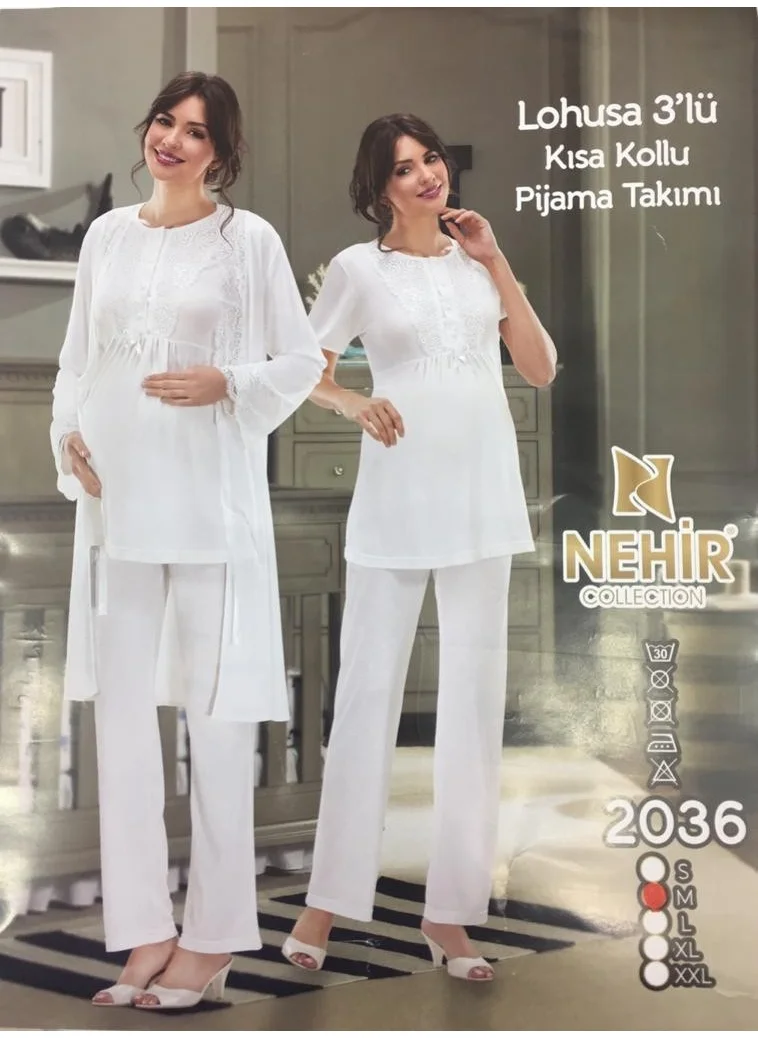 Nehir 2036 Ecru Pregnant Postpartum 3-Piece Pajama Dressing Gown Set