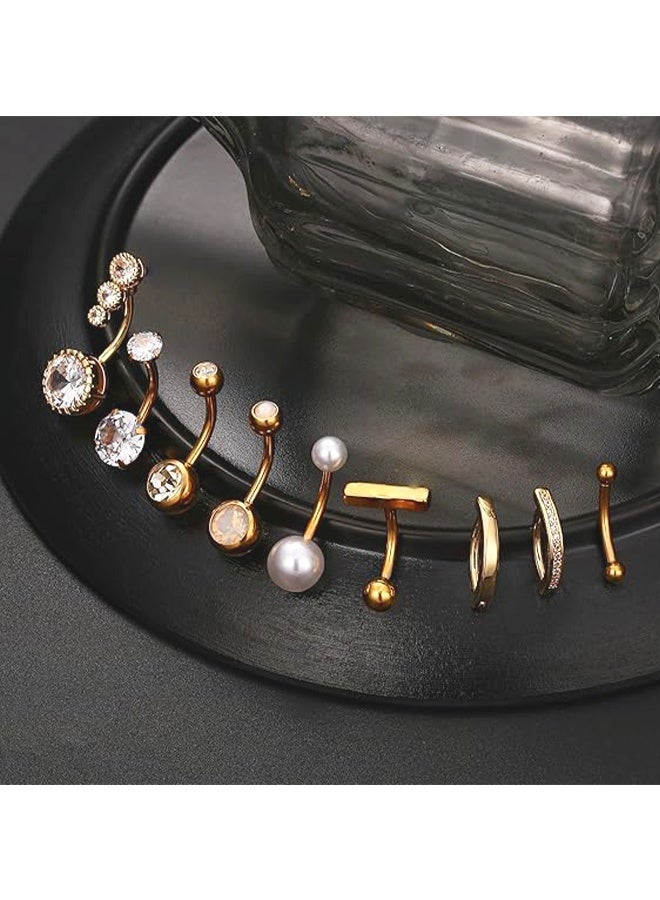 9 PCS Belly Button Ring Gold Stainless Steel Belly Piercing Rings Set,Women Navel Piercing Rings, Fashion Rhinestone Studded Fashiony Body Piercing Jewelry Set, Belly Piercing Jewelry for Women and Girls Ideal Jewelry Gifts - Image 4