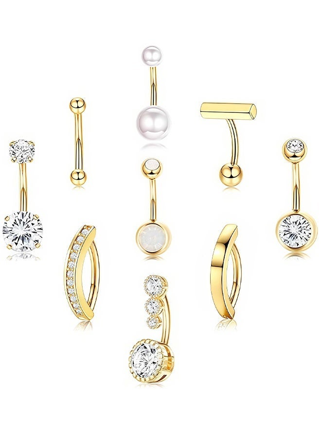 9 PCS Belly Button Ring Gold Stainless Steel Belly Piercing Rings Set,Women Navel Piercing Rings, Fashion Rhinestone Studded Fashiony Body Piercing Jewelry Set, Belly Piercing Jewelry for Women and Girls Ideal Jewelry Gifts - Image 1