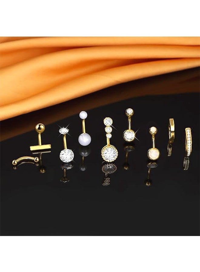 9 PCS Belly Button Ring Gold Stainless Steel Belly Piercing Rings Set,Women Navel Piercing Rings, Fashion Rhinestone Studded Fashiony Body Piercing Jewelry Set, Belly Piercing Jewelry for Women and Girls Ideal Jewelry Gifts - Image 3