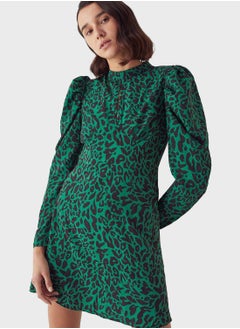 WAREHOUSE Printed Puff Sleeve High Neck Dress  - Image 1