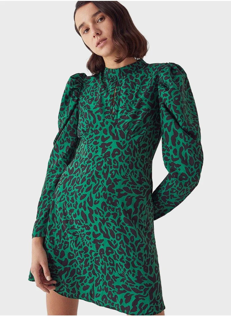 WAREHOUSE Printed Puff Sleeve High Neck Dress