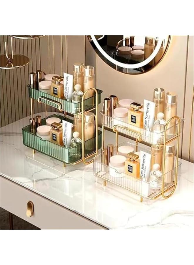 رف تخزين مستحضرات التجميل، منظم مكياج لسطح المكتب، رف مزدوج الطبقات، صندوق مستحضرات التجميل، منظم مكتب مع رف وحامل ورف عرض لمنتجات العناية بالبشرة والعطور وخزانة الملابس (اخضر) - Image 1
