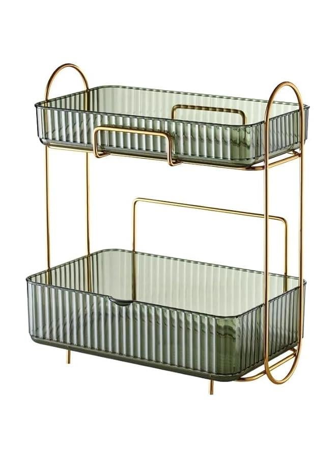 رف تخزين مستحضرات التجميل، منظم مكياج لسطح المكتب، رف مزدوج الطبقات، صندوق مستحضرات التجميل، منظم مكتب مع رف وحامل ورف عرض لمنتجات العناية بالبشرة والعطور وخزانة الملابس (اخضر) - Image 2