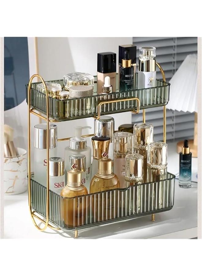 رف تخزين مستحضرات التجميل، منظم مكياج لسطح المكتب، رف مزدوج الطبقات، صندوق مستحضرات التجميل، منظم مكتب مع رف وحامل ورف عرض لمنتجات العناية بالبشرة والعطور وخزانة الملابس (اخضر) - Image 3