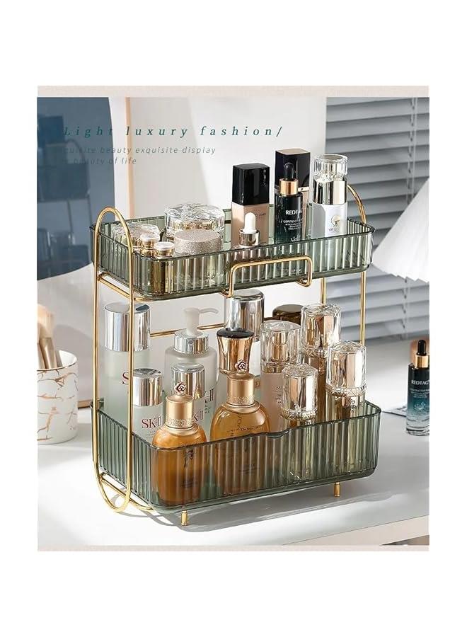 رف تخزين مستحضرات التجميل، منظم مكياج لسطح المكتب، رف مزدوج الطبقات، صندوق مستحضرات التجميل، منظم مكتب مع رف وحامل ورف عرض لمنتجات العناية بالبشرة والعطور وخزانة الملابس (اخضر) - Image 4