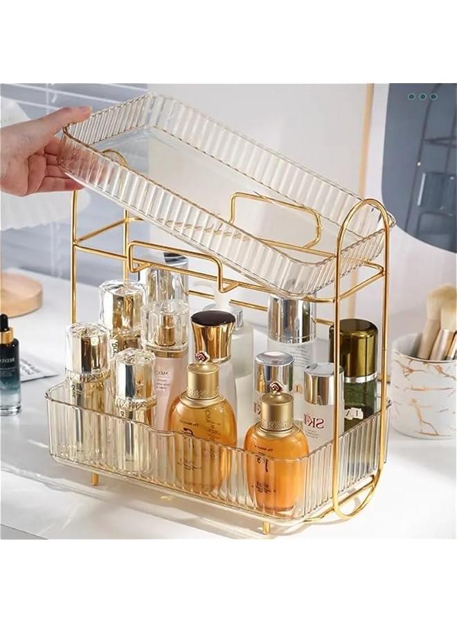 رف تخزين مستحضرات التجميل، منظم مكياج لسطح المكتب، رف مزدوج الطبقات، صندوق مستحضرات التجميل، منظم مكتب مع رف وحامل ورف عرض لمنتجات العناية بالبشرة والعطور وخزانة الملابس (اخضر) - Image 5