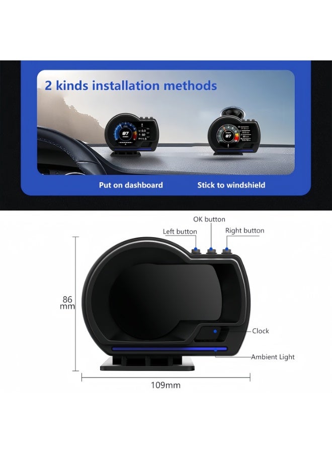 شاشة HUD للسيارات، شاشة عرض OBD2 للسيارات، جهاز قياس ذكي P6 يعرض السرعة وعدد الدورات في الدقيقة ودرجة حرارة الماء وإنذار السرعة الزائدة – نظام مزدوج OBD+GPS، متوافق مع معظم المركبات - Image 4