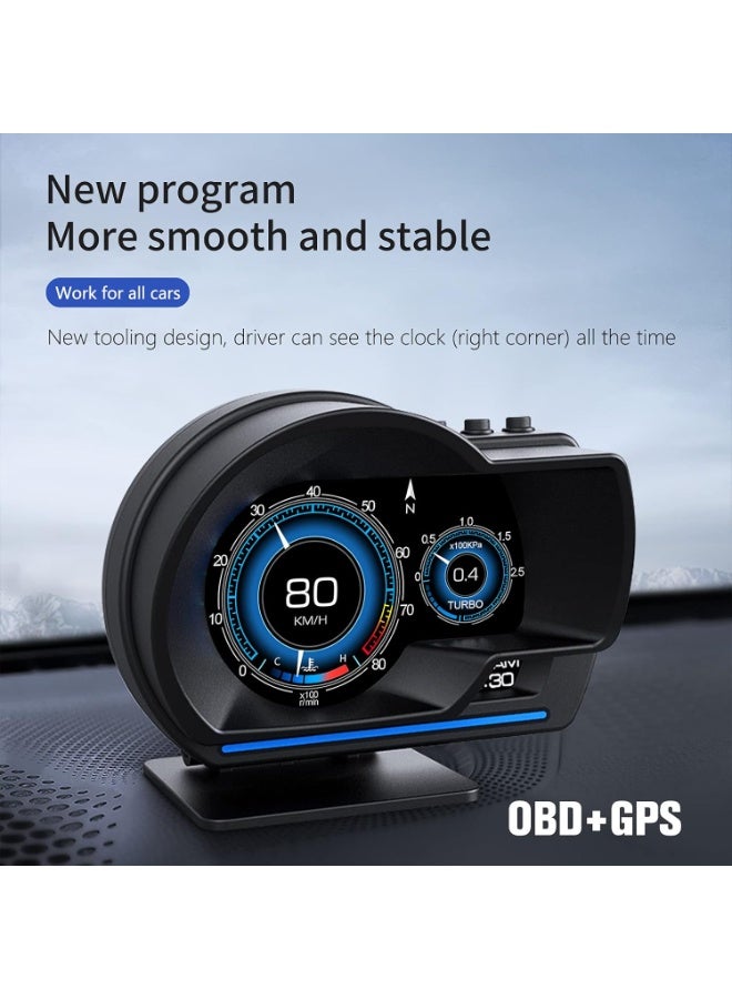 شاشة HUD للسيارات، شاشة عرض OBD2 للسيارات، جهاز قياس ذكي P6 يعرض السرعة وعدد الدورات في الدقيقة ودرجة حرارة الماء وإنذار السرعة الزائدة – نظام مزدوج OBD+GPS، متوافق مع معظم المركبات - Image 2