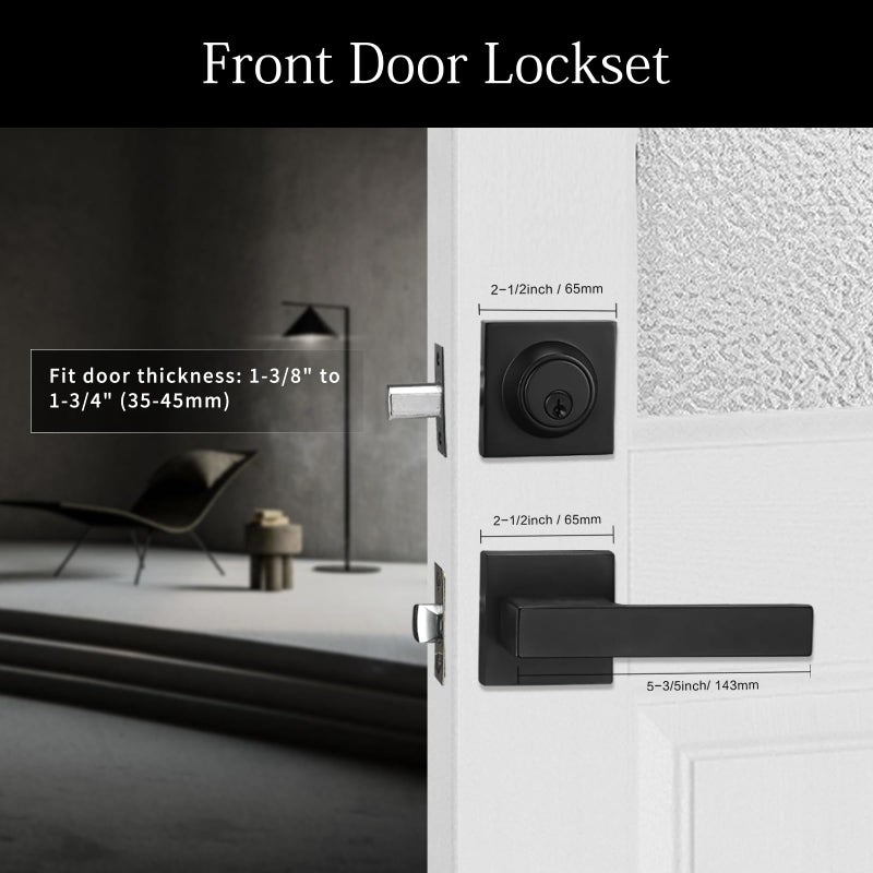 NCSEN Matt Black Front Door Lockset, Exterior Door Lock with Deadbolt, Black Door Handles with Lock - Image 3