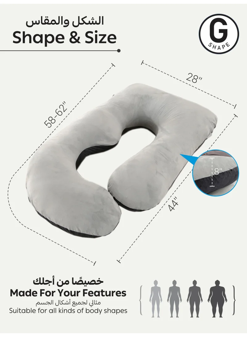 Donetella G-Shape Pregnancy Pillow – 180 cm Full Body Maternity Support Pillow with Removable Washable Velvet Cover – Support for Back, Legs, Belly & Hips – Grey